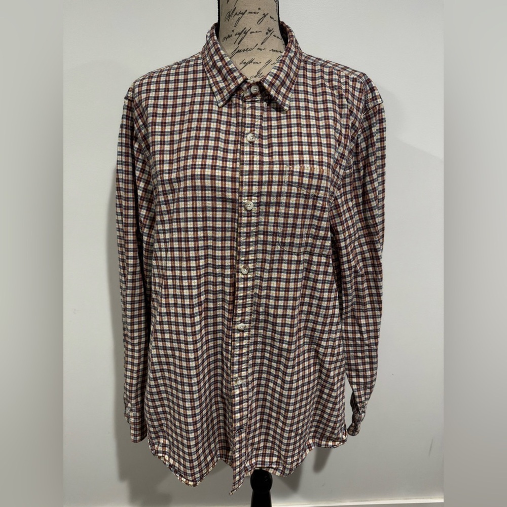 Fat Face Long Sleeve Button Down Size XXL Cream Navy Red Plaid 100% Cotton